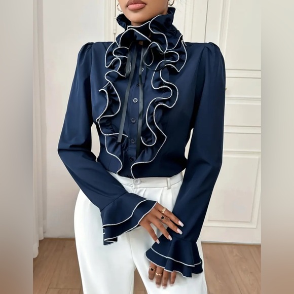 Midnight Blue Ruffle Blouse Size L - Picture 3 of 5